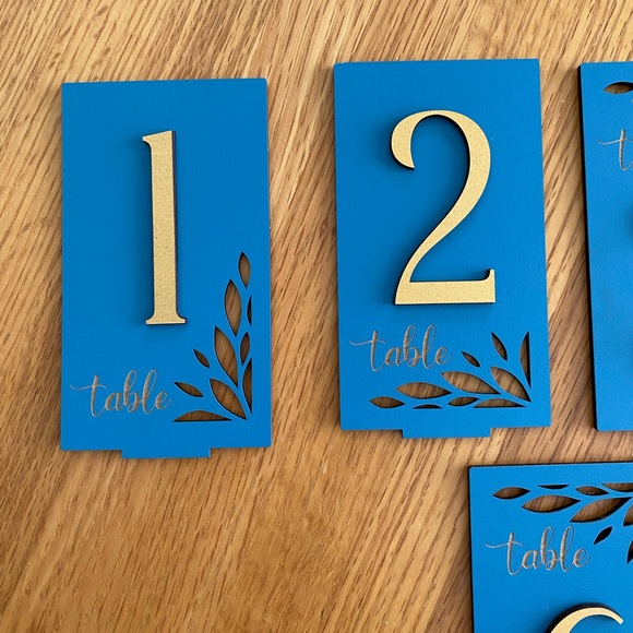 Wooden Table Numbers 1-7 Standing, Handmade, Blue and Gold, for Events/ Weddings - Picture 4 of 9